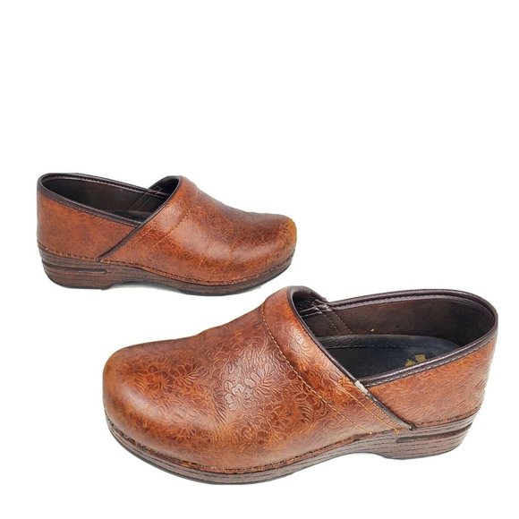brown leather nursing clogs